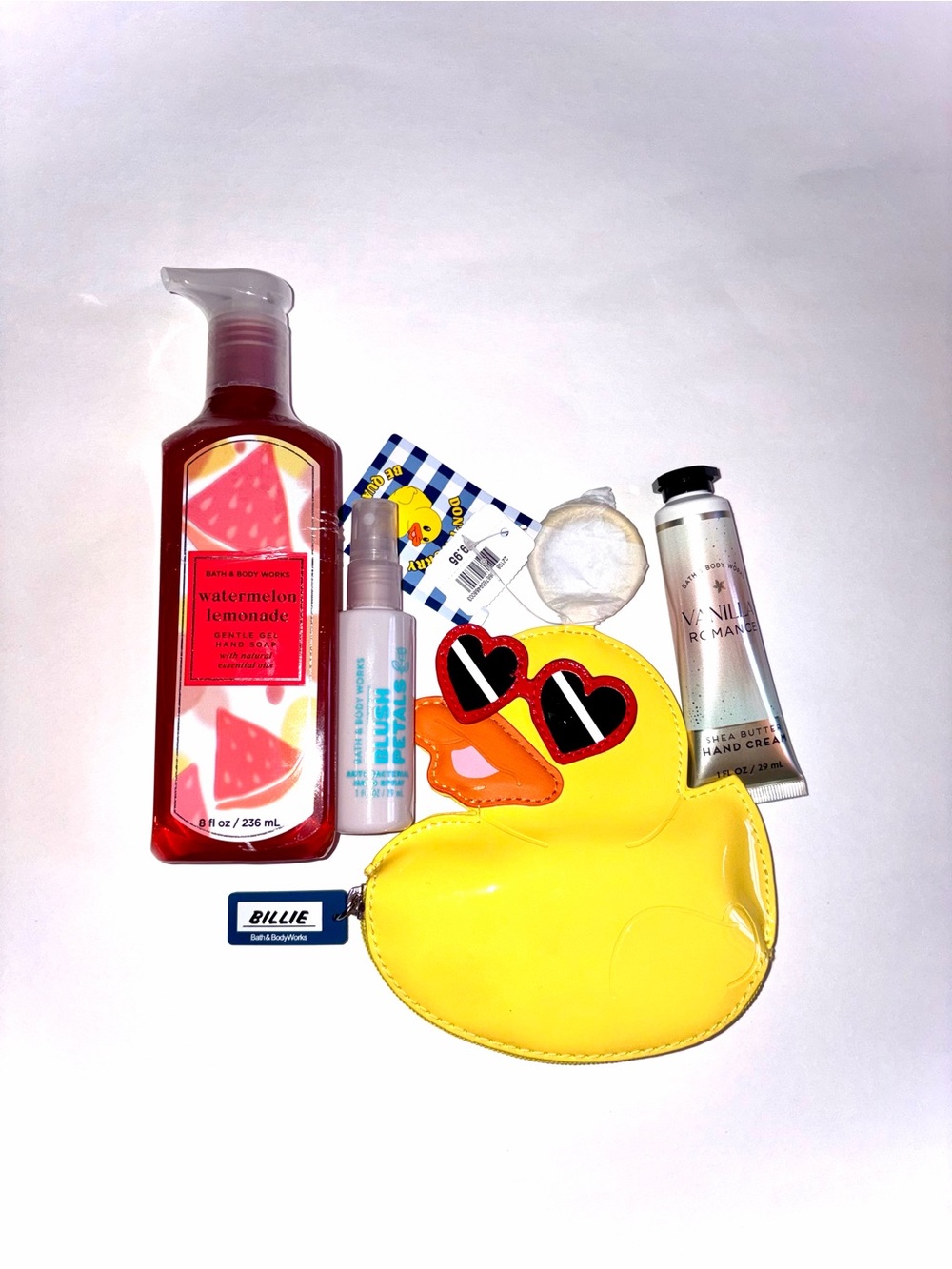4 PC Bath & Body Works Bundle - Billie Duck Purse, Handsoap Sanitizer Hand Cream